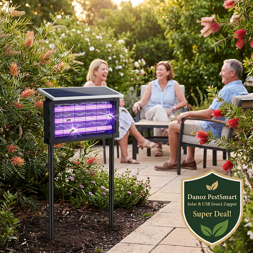 Danoz PestSmart 15 W solar insect zapper on ground stakes in an afternoon garden with adults relaxing and mosquitoes near the grille