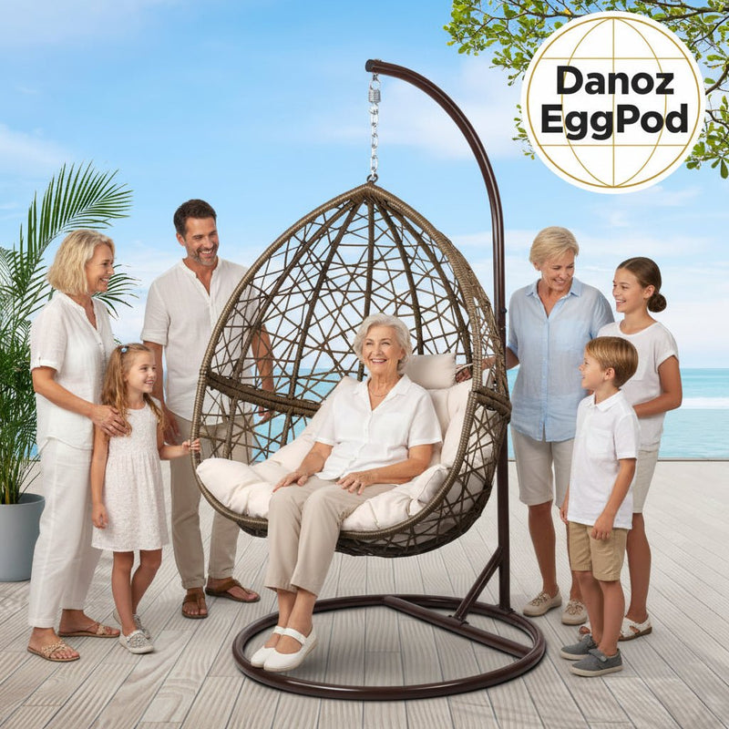 Indulge in the art of outdoor living with Danoz EggPod, crafted suspended retreat. Constructed from hand - woven, UV - resistant wicker and supported by a powder - coated steel frame! - danozdirect