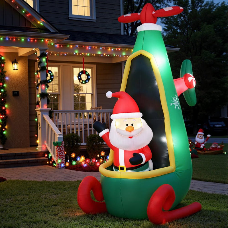 Jingle Jollys Christmas Inflatable Santa in Helicopter 2.55M Height LED Illuminated Decorations - danozdirect