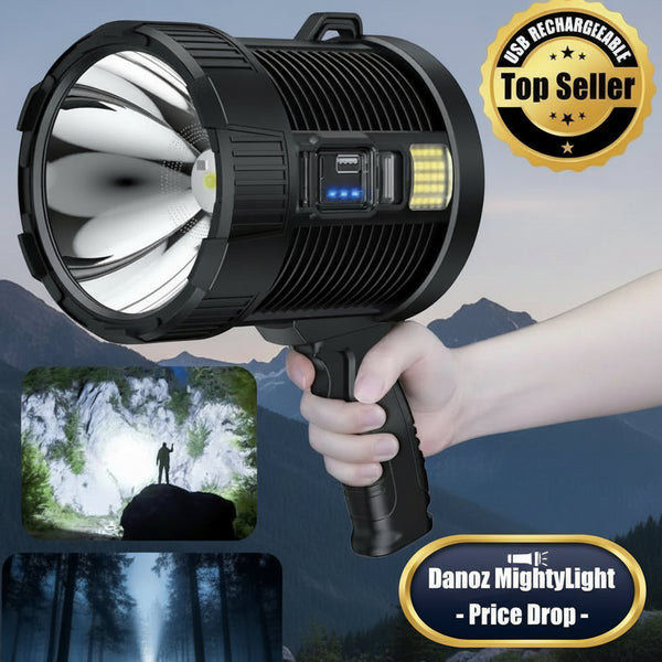 Light up your adventures with MightyLight Danoz Outdoors Rechargeable Spotlight! This super bright handheld flashlight packs a punch! - danozdirect