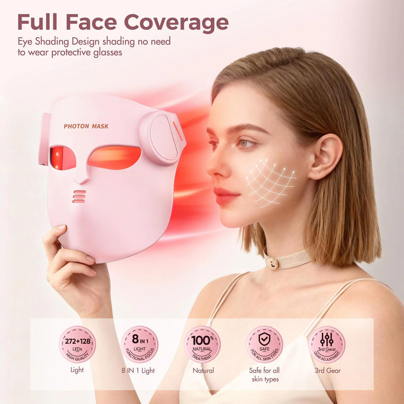 ✨ Danoz BeautySmart | LED Face & Neck Mask | 8 Light Modes | 100 LED Beads | Photon Therapy | Wireless | Anti-Wrinkle & Acne | Black & Pink