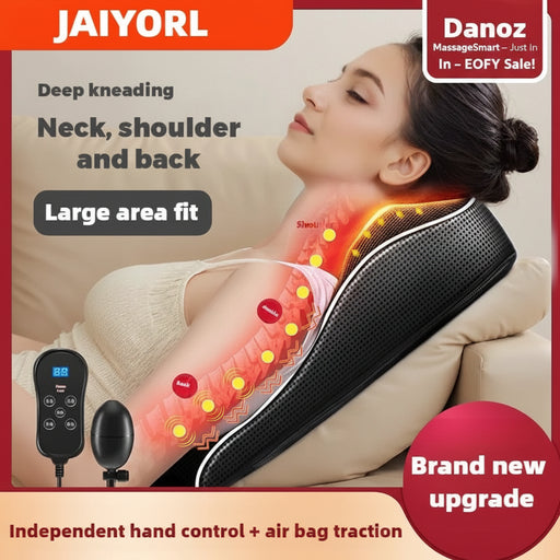 Woman using a neck, shoulder, and back massager with text highlighting features on a red background.
