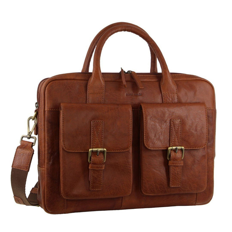 Pierre Cardin Leather Multi - Compartment Business Laptop Bag - Tan - danozdirect