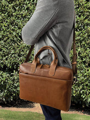 Pierre Cardin Mens Italian Leather Computer Laptop Bag Travel - Tan - danozdirect