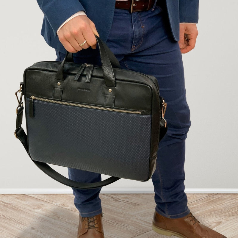 Pierre Cardin Mens Pebbled Leather Computer Laptop Bag Travel Overnight - Black - danozdirect