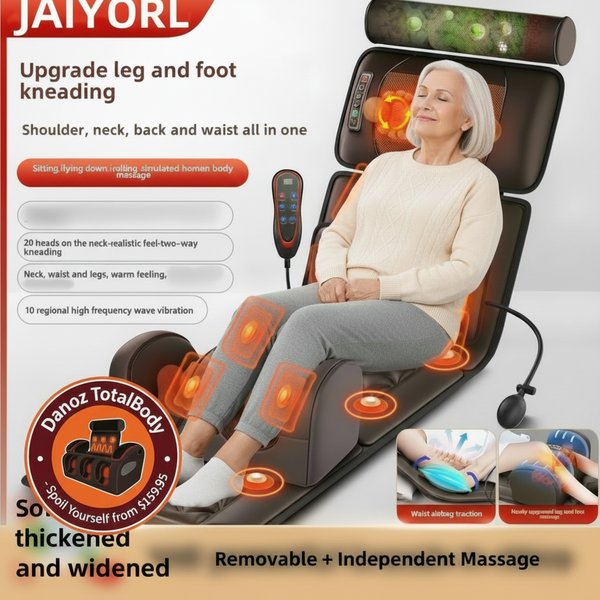 Woman using a massage chair with text highlighting features and benefits.