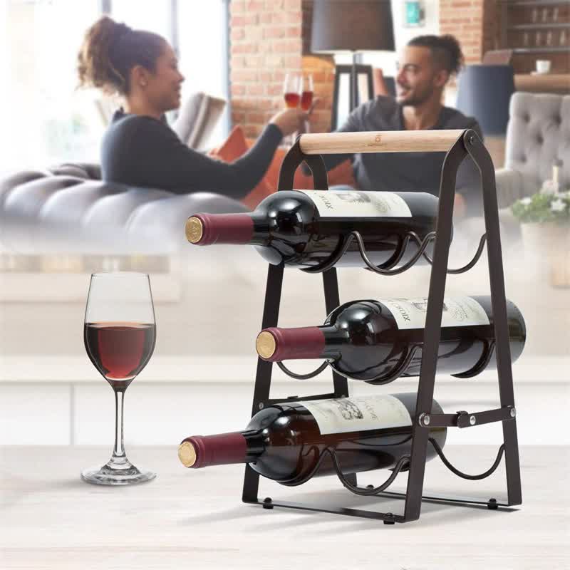 Rustic 6 - Bottle Foldable Wine Rack - Metal Countertop Holder with Wooden Handle - danozdirect