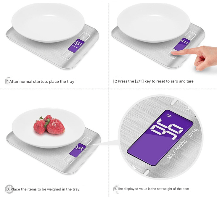 Silver Ultra - Slim Rechargeable Digital Kitchen Scale - Stainless Steel Food & Baking Scale with LCD Display (5kg/1g) - danozdirect