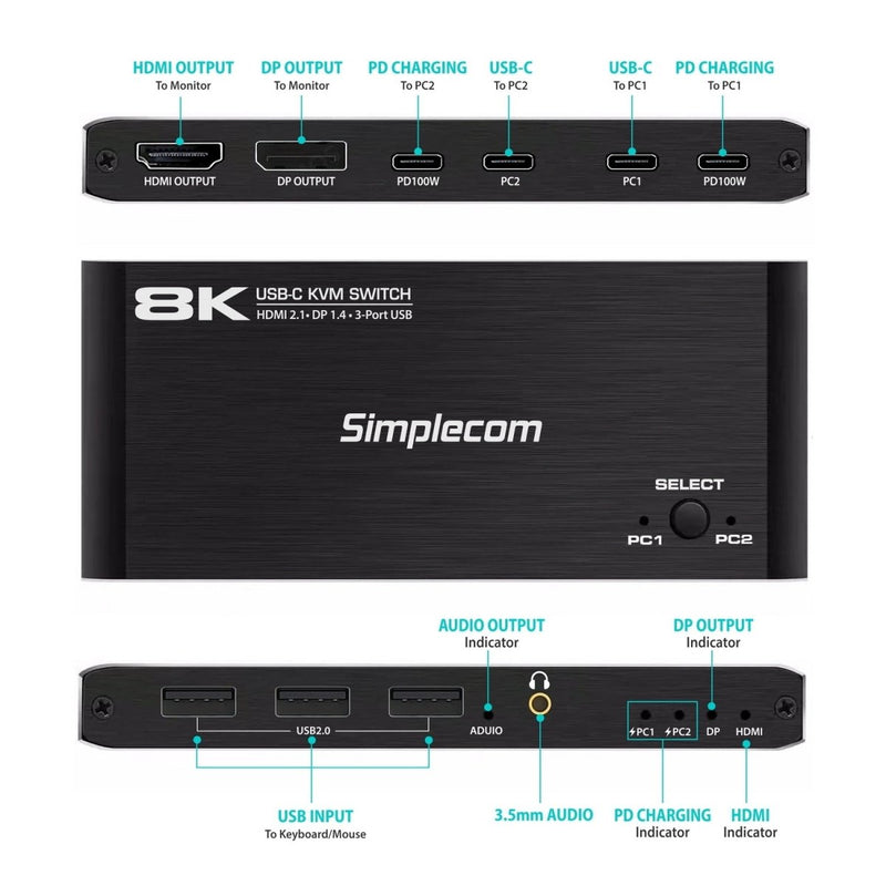 Simplecom KM470 2 - Port USB - C KVM Switch 8K Docking Station HDMI 2.1 DP for Laptop Tablet - danozdirect
