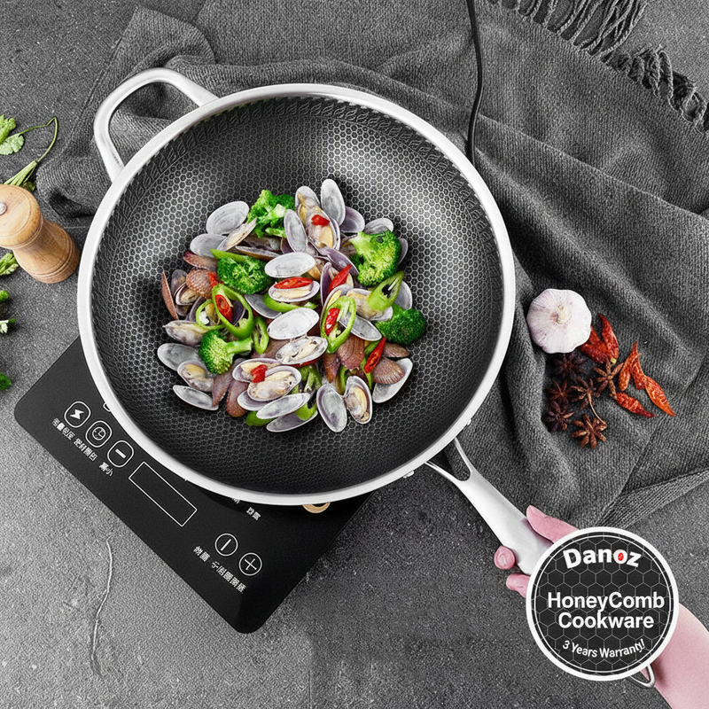 A stainless steel double-sided stir fry wok with a honeycomb pattern on the surface and a clear glass lid, displayed on a kitchen setting with vegetables inside the pan.