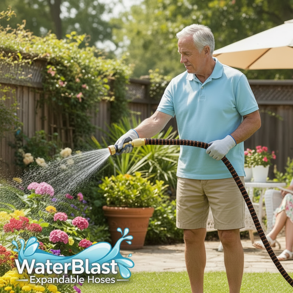 Man watering plants with a WaterBlast expandable hose in a garden setting
