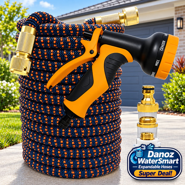 Expandable garden hose with spray gun and connectors on a neutral background