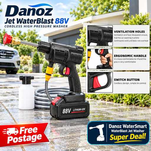 Ultimate convenience and power with Danoz Jet WaterBlast - 88V Cordless Electric High Pressure Washer! Incl. 2 Batteries. - danozdirect