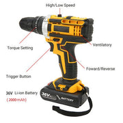 Unleash the power with Danoz Tools 36V brushless trio! This kit bundles a heavy - duty cordless drill, impact driver, and hammer Drilling - Includes 2 Batteries! - danozdirect