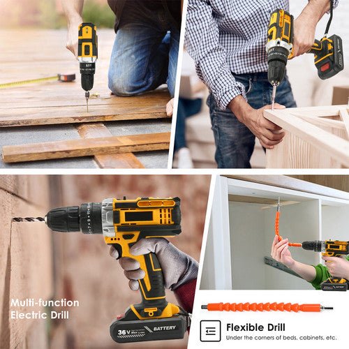 Unleash the power with Danoz Tools 36V brushless trio! This kit bundles a heavy - duty cordless drill, impact driver, and hammer Drilling - Includes 2 Batteries! - danozdirect