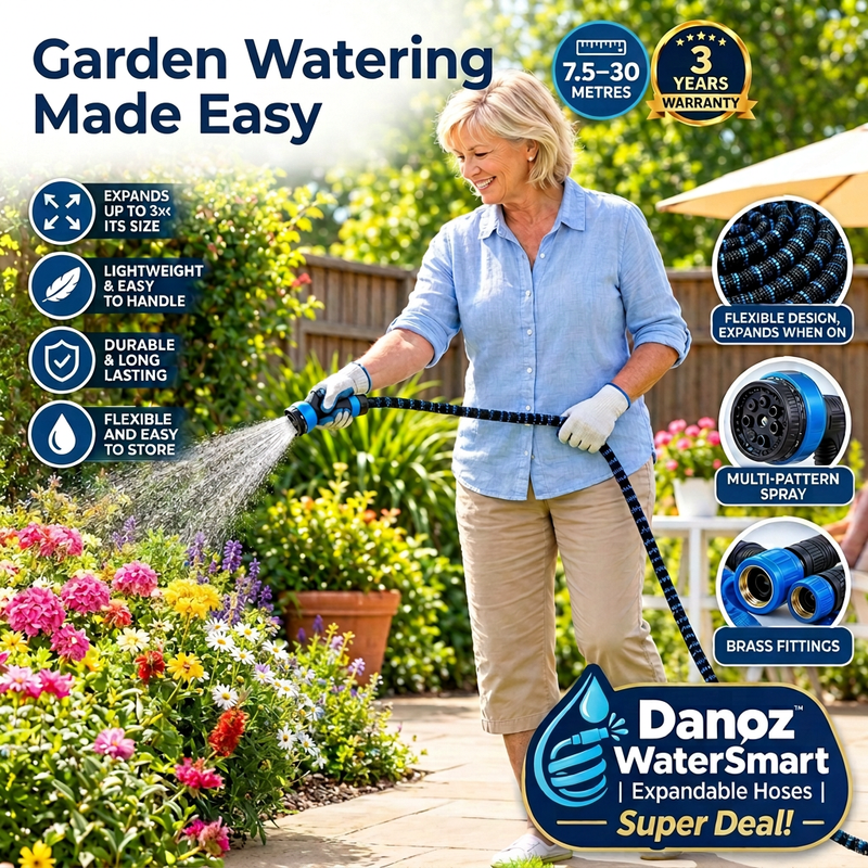💧 Danoz WaterSmart | Expandable Garden Hose | Expands Up to 3x | Anti-Kink | 7.5–30m (25–100ft) | 16 Colour Styles | Spray Gun Option | 3-Year Warranty | Free Shipping!