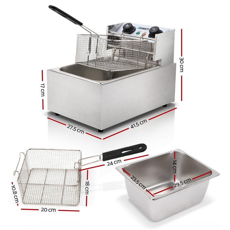Danoz Kitchen 🧑‍🍳🥘 Devanti 10L Electric Commercial Deep Fryer Single Basket 2200W