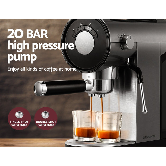 Experience barista-quality coffee at home with Danoz Direct - Devanti 20 Bar Coffee Machine Espresso Cafe Maker! With 20 bars of pressure