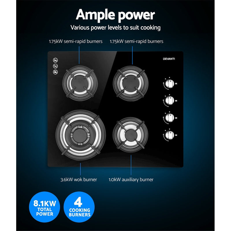 Upgrade your kitchen with the sleek and efficient Danoz Kitchen 🧑‍🍳🥘 - Devanti Gas Cooktop 60cm Stove Hob Black. Enjoy faster cooking times