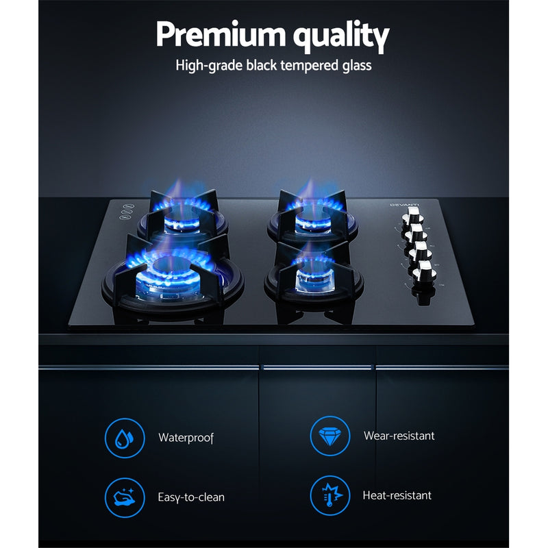 Upgrade your kitchen with the sleek and efficient Danoz Kitchen 🧑‍🍳🥘 - Devanti Gas Cooktop 60cm Stove Hob Black. Enjoy faster cooking times