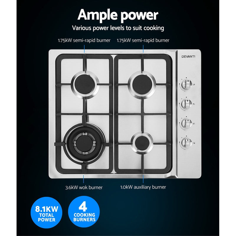 Transform your Space with Danoz Kitchen 🧑‍🍳🥘 - Devanti Gas Cooktop 60cm Stove Hob Silver! Boasting of efficient and powerful burners