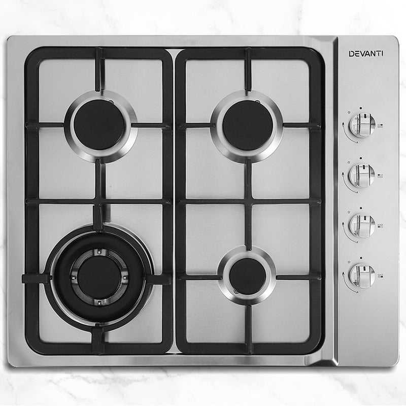 Transform your Space with Danoz Kitchen 🧑‍🍳🥘 - Devanti Gas Cooktop 60cm Stove Hob Silver! Boasting of efficient and powerful burners