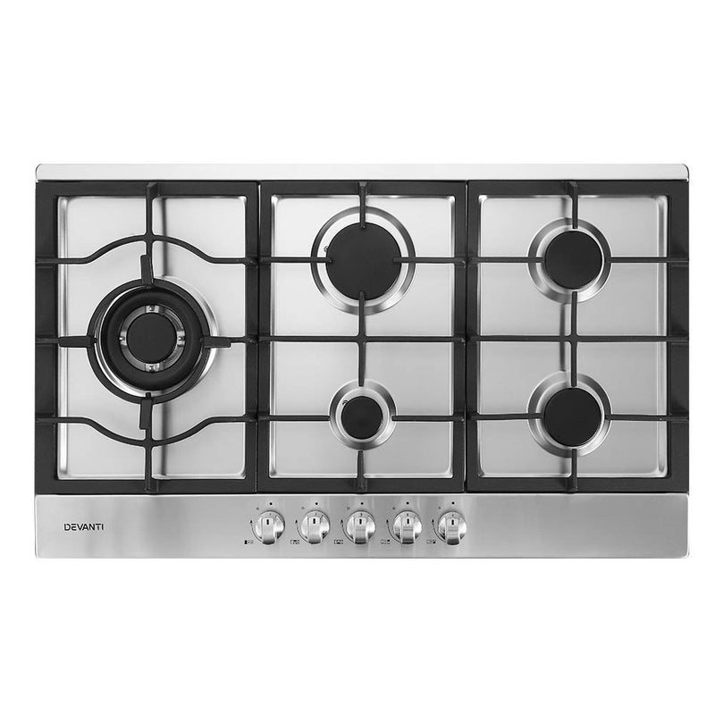 Upgrade your kitchen with Danoz Direct - Devanti Gas Cooktop! 5 burners, sleek silver design, cooking has never been easier or more stylish