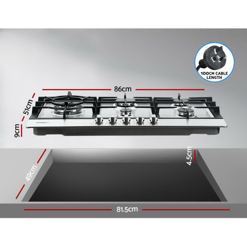 Upgrade your kitchen with Danoz Direct - Devanti Gas Cooktop! 5 burners, sleek silver design, cooking has never been easier or more stylish