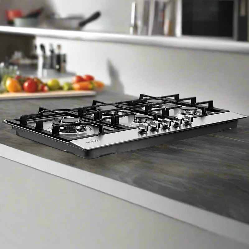 Upgrade your kitchen with Danoz Direct - Devanti Gas Cooktop! 5 burners, sleek silver design, cooking has never been easier or more stylish