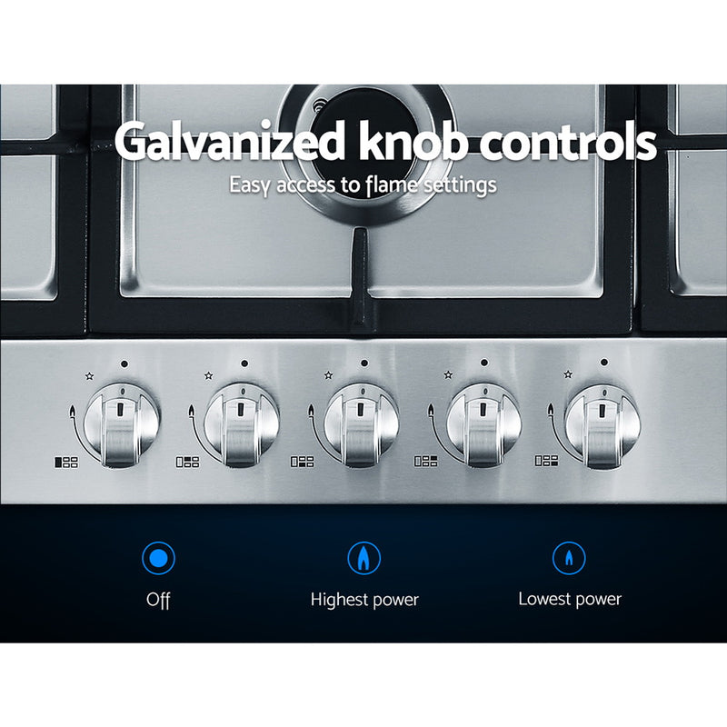 Upgrade your kitchen with Danoz Direct - Devanti Gas Cooktop! 5 burners, sleek silver design, cooking has never been easier or more stylish