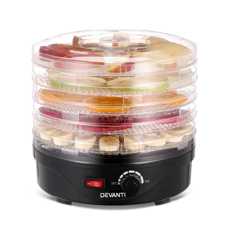 Danoz Direct - Devanti 5 Trays Food Dehydrator Fruit Dehydrators Pet Beef Jerky Dryer Black