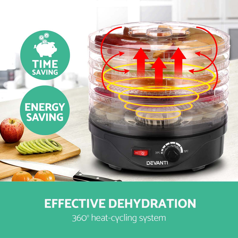 Danoz Direct - Devanti 5 Trays Food Dehydrator Fruit Dehydrators Pet Beef Jerky Dryer Black