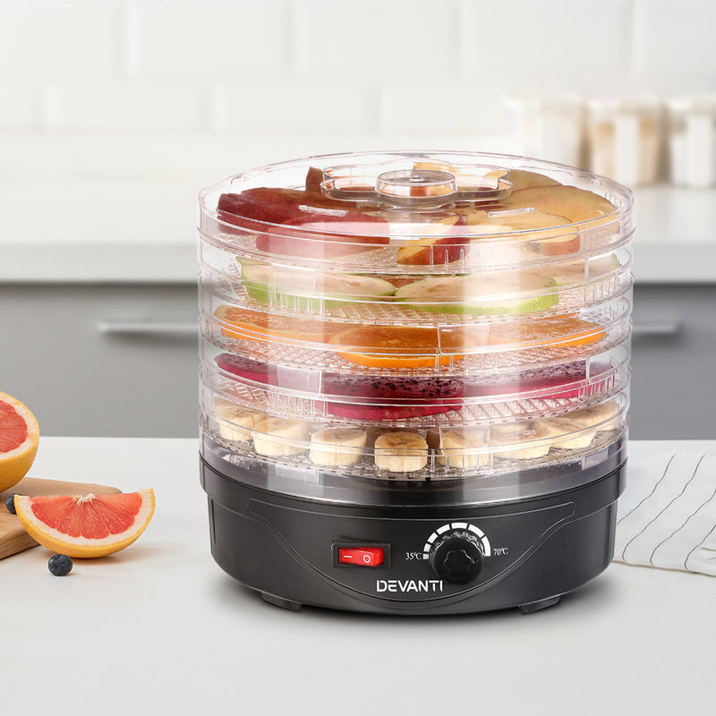 Danoz Direct - Devanti 5 Trays Food Dehydrator Fruit Dehydrators Pet Beef Jerky Dryer Black