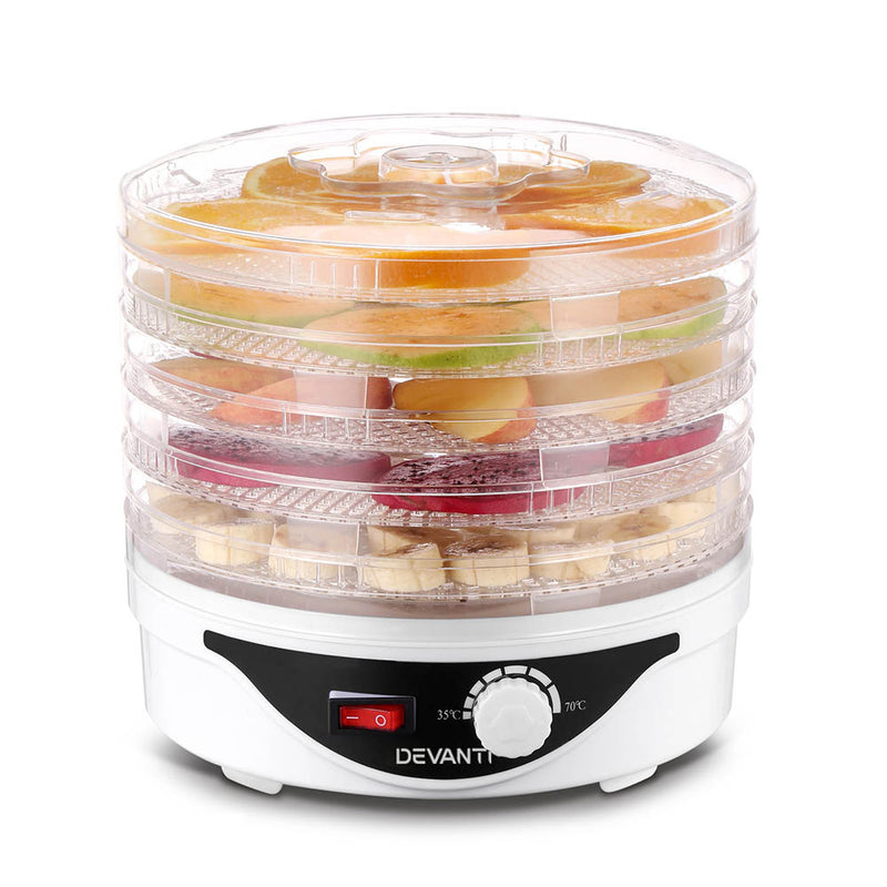 Danoz Direct - Devanti 5 Trays Food Dehydrator Fruit Dehydrators Pet Beef Jerky Dryer White