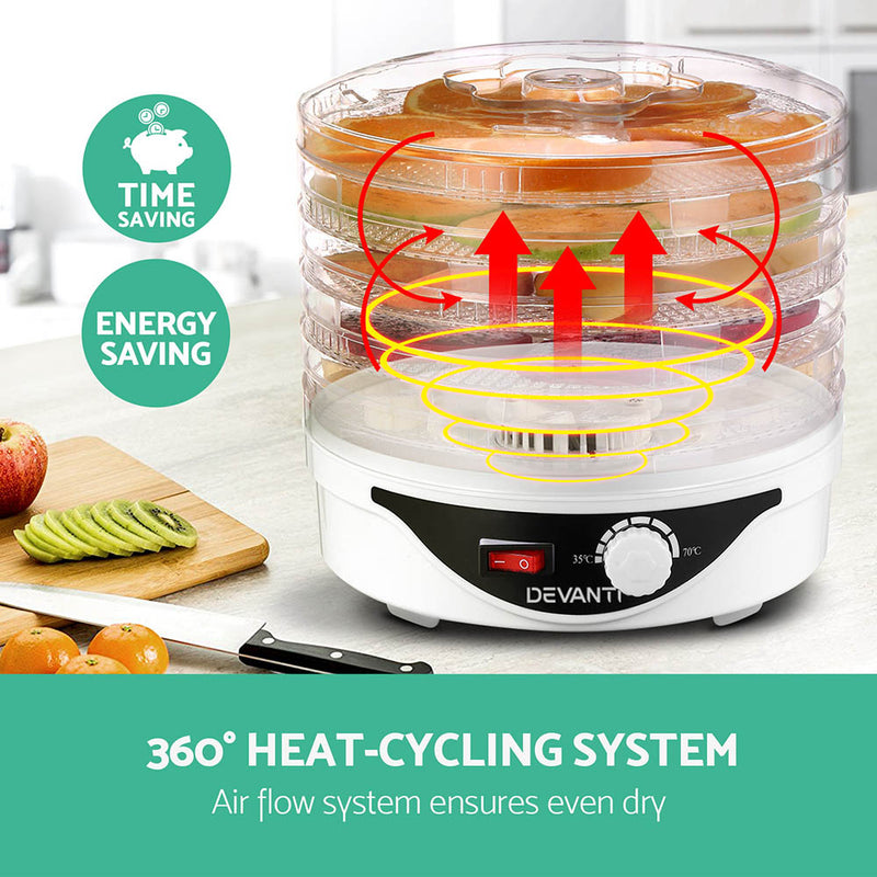 Danoz Direct - Devanti 5 Trays Food Dehydrator Fruit Dehydrators Pet Beef Jerky Dryer White