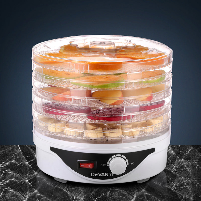 Danoz Direct - Devanti 5 Trays Food Dehydrator Fruit Dehydrators Pet Beef Jerky Dryer White