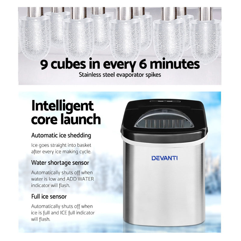 Danoz Direct - Devanti 2.4L Stainless Steel Portable Ice Cube Maker