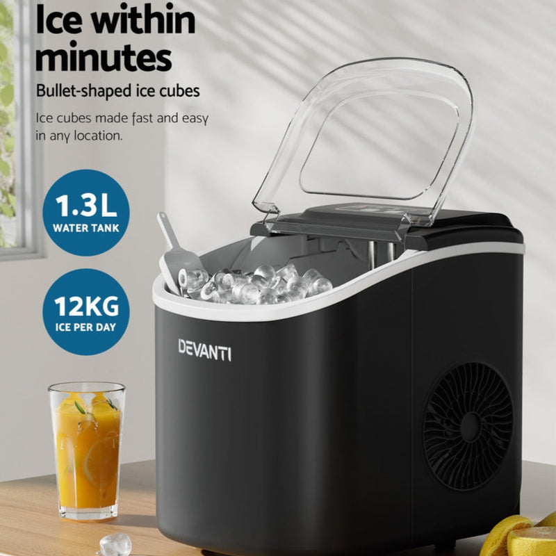 Danoz Direct - Devanti Portable Ice Maker Machine Ice Cube Tray 12kg Bar Countertop Black