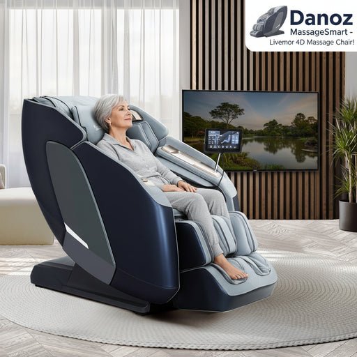 A modern electric massage chair with an LED touch screen, situated in a cozy living room setting, is grey in color and appears to have multiple massage settings.