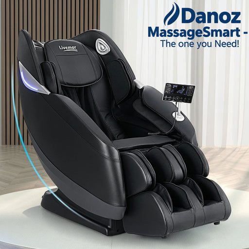 A black Livemor electric massage chair with a sleek design, featuring a headrest, backrest, seat, and leg rests. A remote control is visible, and there is a blue light illuminating the chair's control panel.