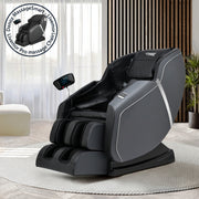A modern electric recliner massager chair in a luxurious gray color, featuring a remote control on the right armrest, with a cozy design including full body airbags and a headrest.