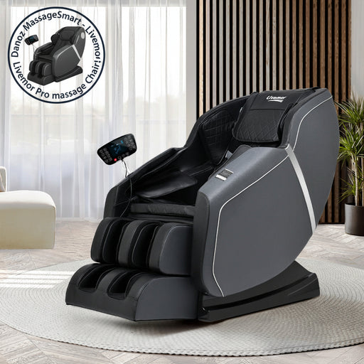 A modern electric recliner massager chair in a luxurious gray color, featuring a remote control on the right armrest, with a cozy design including full body airbags and a headrest.