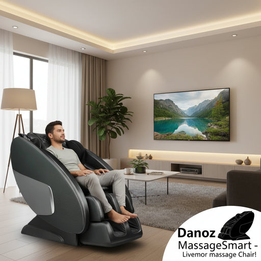 A sleek black electric massage chair with a remote control, situated in a cozy living room setting.