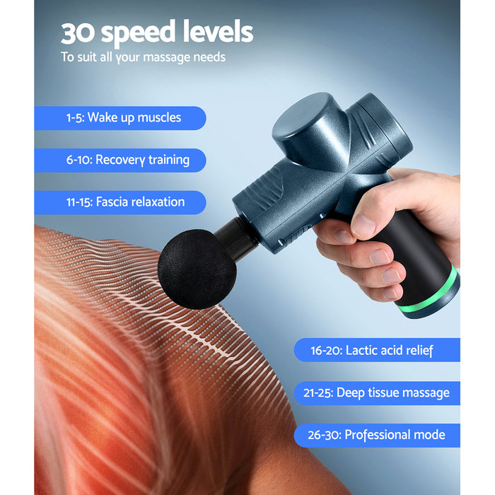 Danoz Direct - 30 Speed Massage Gun 4 Head Vibration Muscle Massager Percussion Relief Blue
