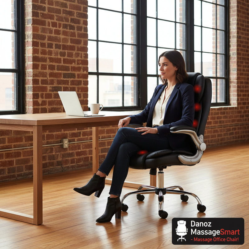 Black Artiss massage office chair with PU leather, showing the chair's built-in massage points and chrome base.