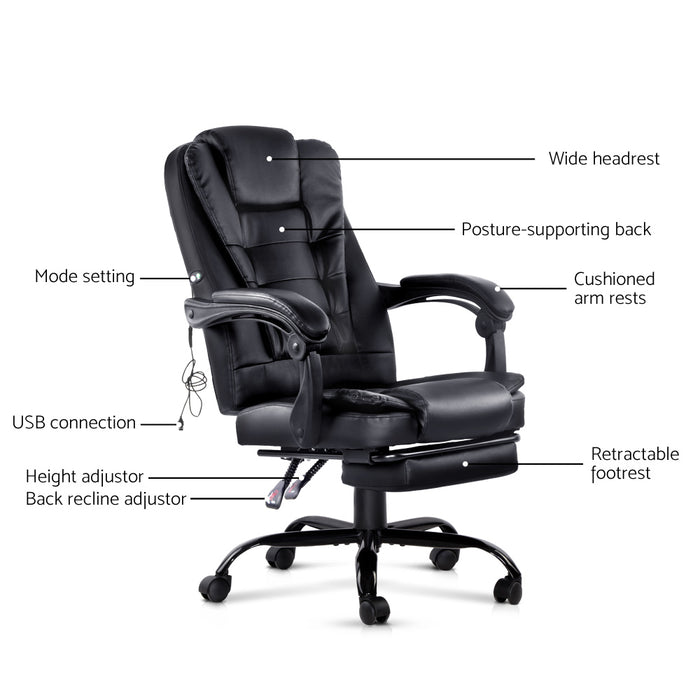 Danoz Direct - Artiss 2 Point Massage Office Chair PU Leather Footrest Black