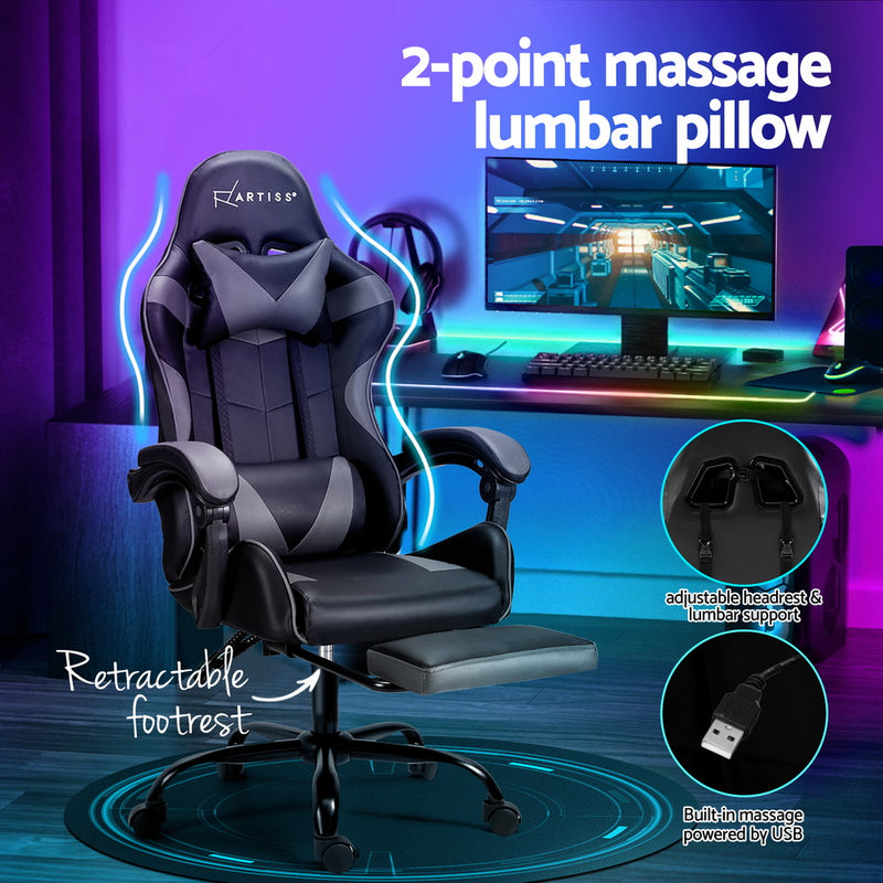Danoz MassageSmart | Artiss Massage Gaming & Office Chair 🎮 | 2-Point Vibration, Footrest, 145° Recline — Grey & Black