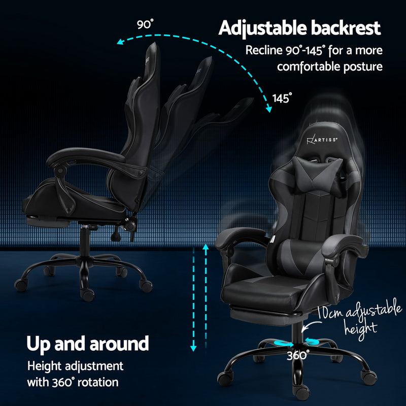 Danoz MassageSmart | Artiss Massage Gaming & Office Chair 🎮 | 2-Point Vibration, Footrest, 145° Recline — Grey & Black
