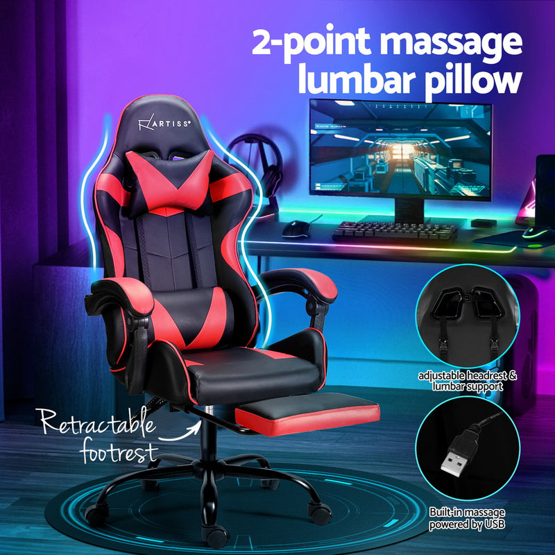 Danoz MassageSmart | Artiss Massage Gaming & Office Chair 🎮 | 2-Point Vibration, Footrest, 145° Recline — Red & Black