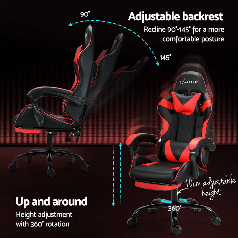 Danoz MassageSmart | Artiss Massage Gaming & Office Chair 🎮 | 2-Point Vibration, Footrest, 145° Recline — Red & Black